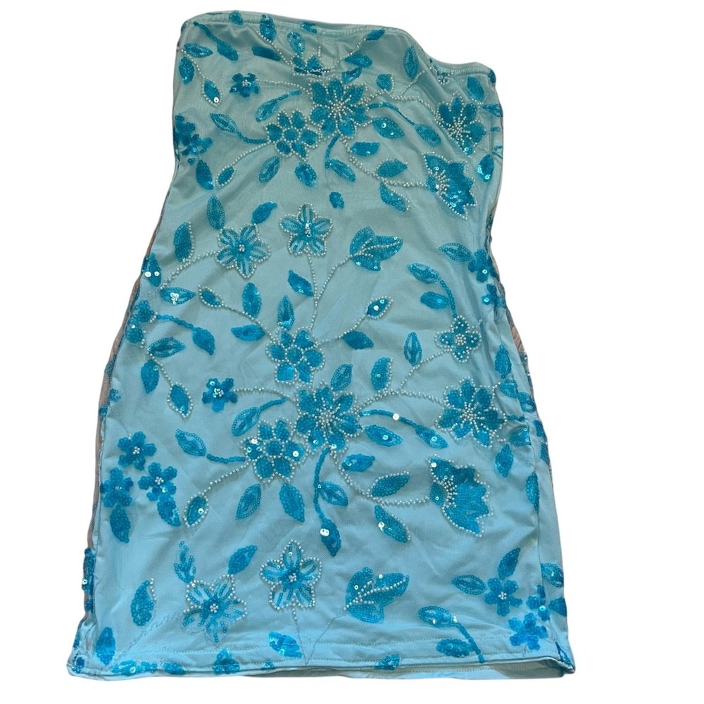 SHEIN Teal Blue Floral Beaded Sequin Strapless Mesh Bodycon Mini Dress Womens XS